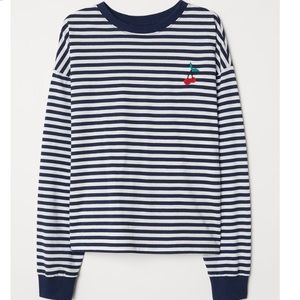 Blue and White Striped Top with Cherry